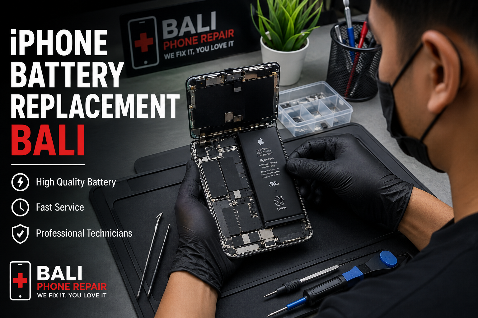 Technician replacing an iPhone battery in Bali